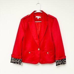 New York & Company Scarlet Jacket with Gold Button Accents and Leopard Cuffs